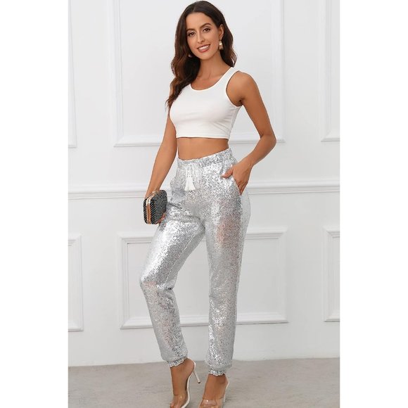 Womens Large Silver Polyester Glitter Sequin Joggers Pants - Picture 5 of 6